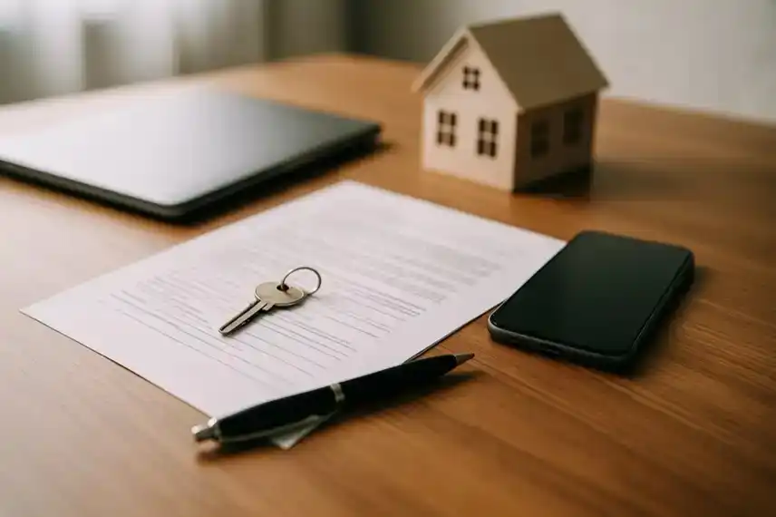 Digitalisierung der Mietverwaltung in Benin: Mietvertrag mit Schlüssel, Smartphone und Modellhaus als Hinweis auf Locapay und moderne Lösungen.